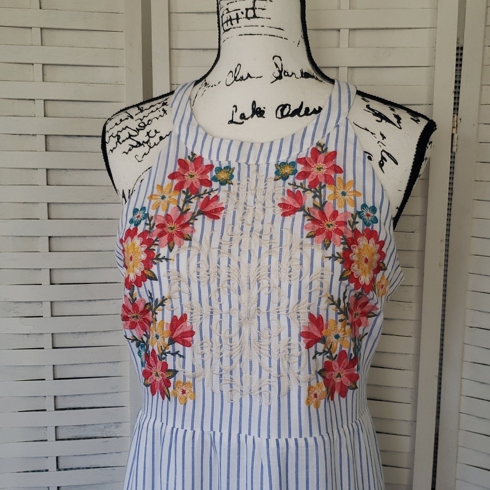 Savanna Jane Floral Embroidered Striped Sleeveless Dress Size L - Picture 2 of 7